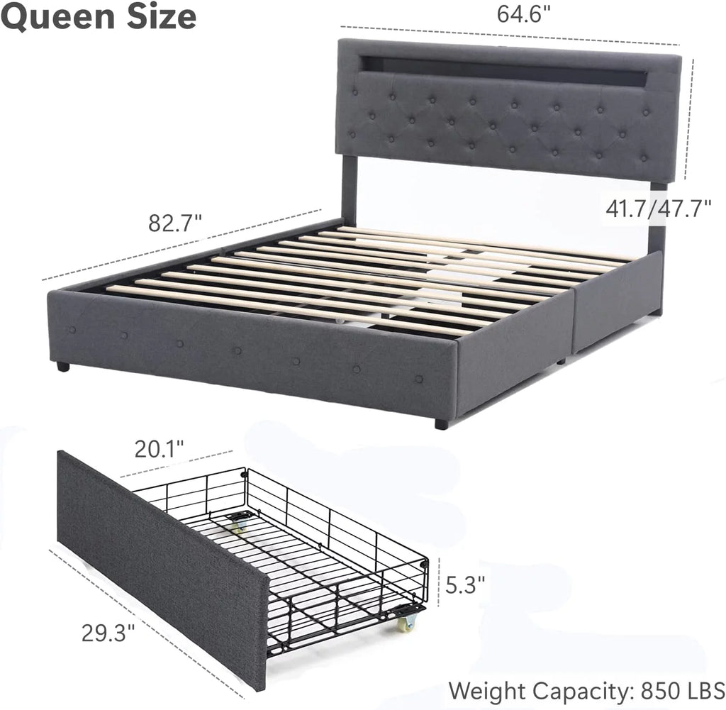 Full Size Upholstered Platform Bed Frame with LED Light Headboard L73725