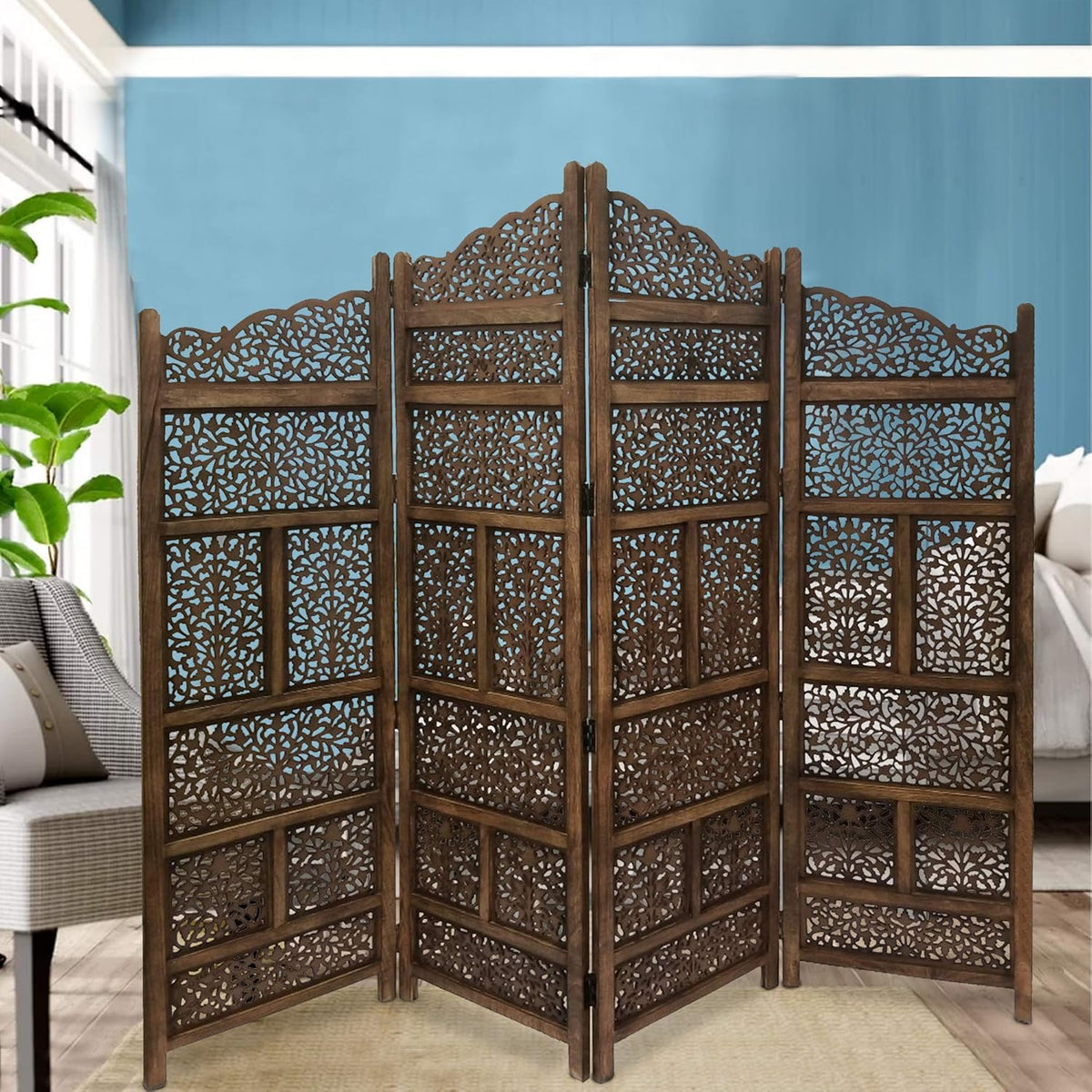 Hand Carved 4-Panel Wooden Partition Screen Room Divider, Brown W48386
