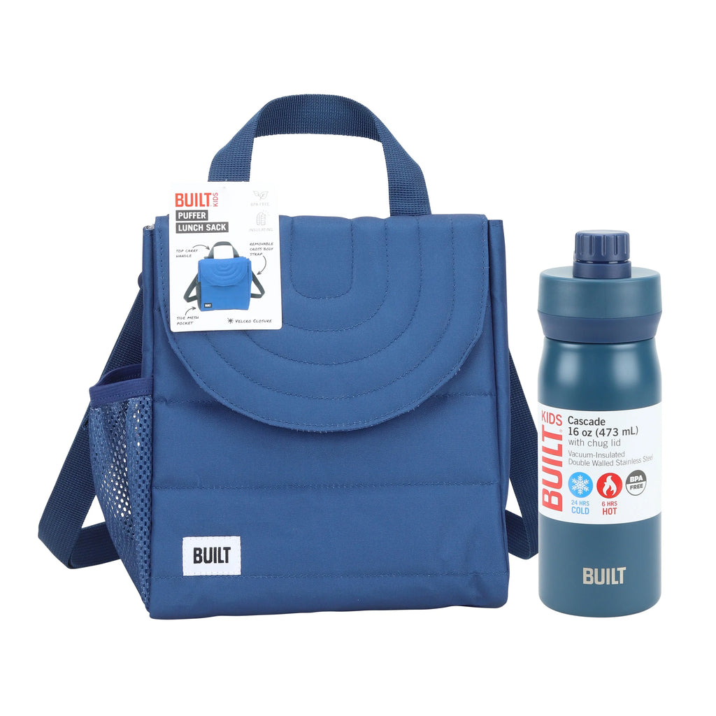 Blue Reusable Lunch Bag and 16 fl oz Stainless Steel Water Bottle Bundle T58733