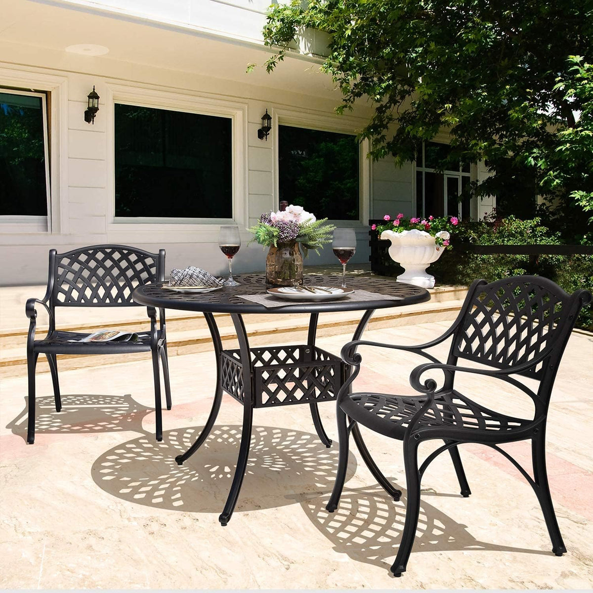 Black 42 Inch Round Cast Aluminum Patio Dining Table with Umbrella Hole G60086