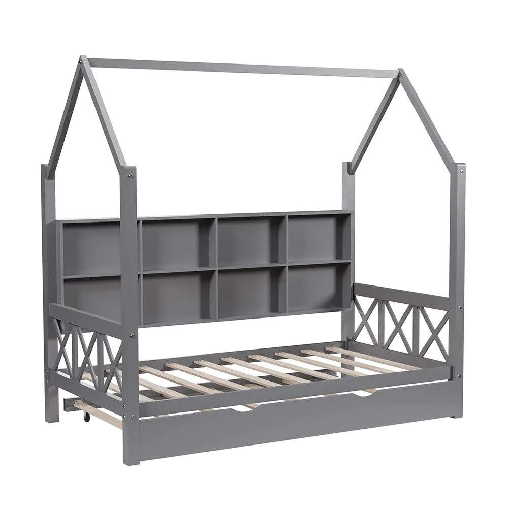 Twin House Bed with Trundle and Storage Shelve I340