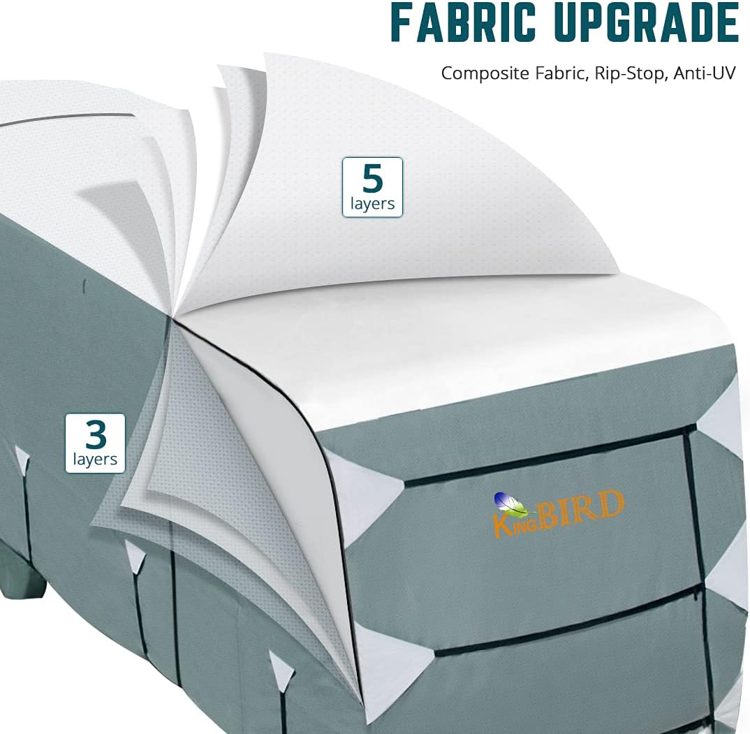 RV Cover, Extra-Thick 5 Layers Anti-UV Top Panel, Fits 30'-33' Motorhome, with 2Pcs Extra Straps & 4 Tire Covers B233