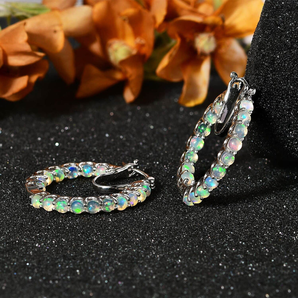 Opal Round 925 Sterling Silver Platinum Plated Inside Out Hoop Earrings Ct 2.13 G90596