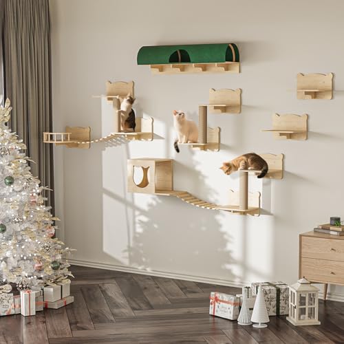 16 Pcs Wooden Cat Wall Shelves with Bed and Scratching Post W2223