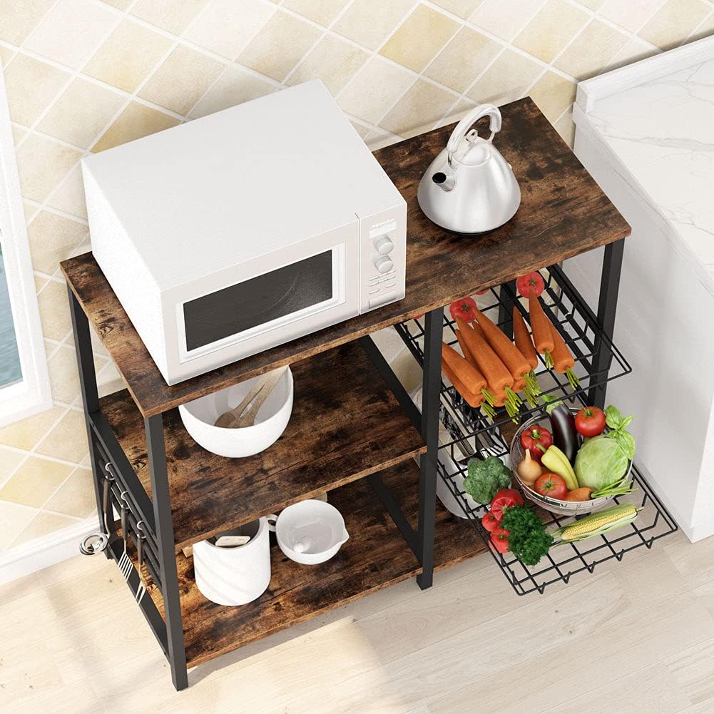Kitchen Cart Microwave Oven Stand Utility Storage Shelf with Wire Basket and 6 Hooks T879508