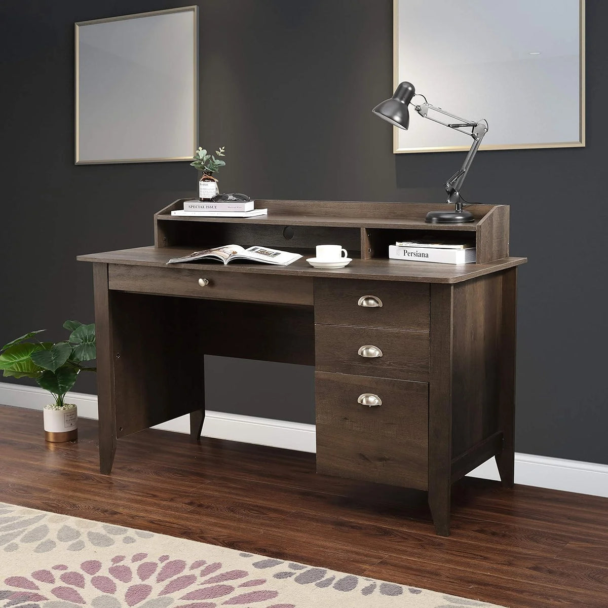 Dark Brown Wood Writing Desk with Hutch L883