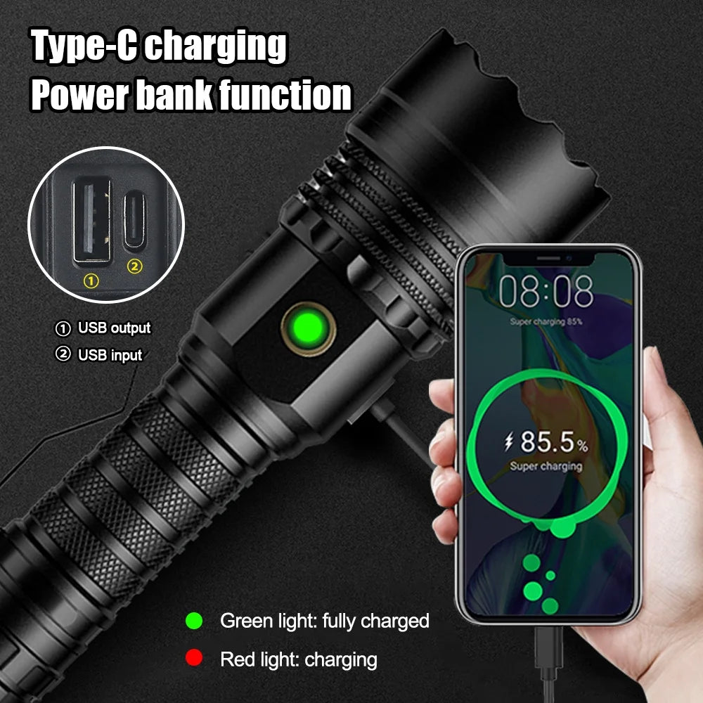 Rechargeable LED Flashlight 12000 Lumens Zoomable Handheld Spotlight with Lanyard and Hooks M230715