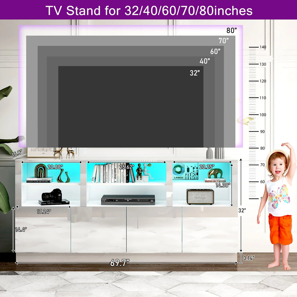 White 70" LED TV Stand with 6 Shelves and Storage Cabinets X23761
