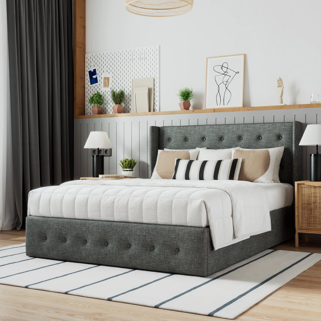 Beige Queen Size Lift Up Platform Bed Frame with Headboard W307