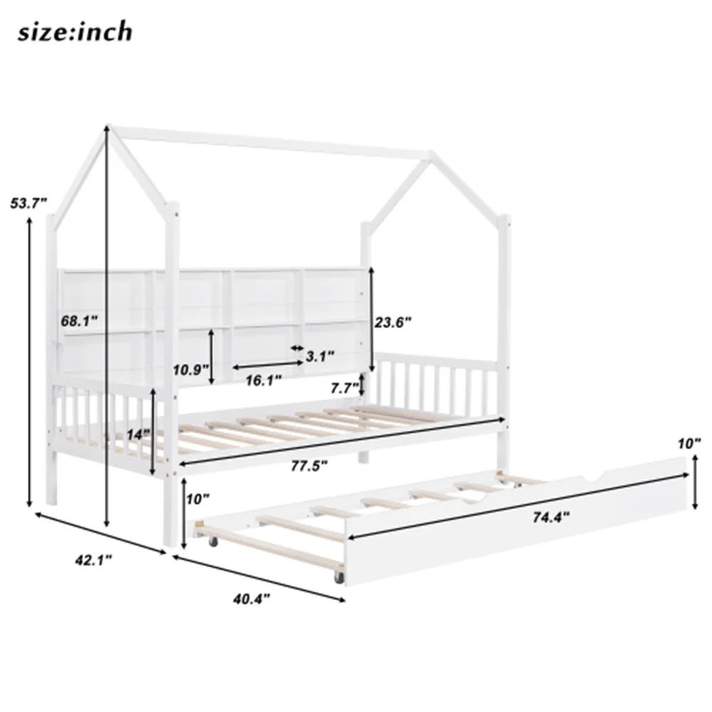Twin House Bed with Trundle and Storage Shelve I340