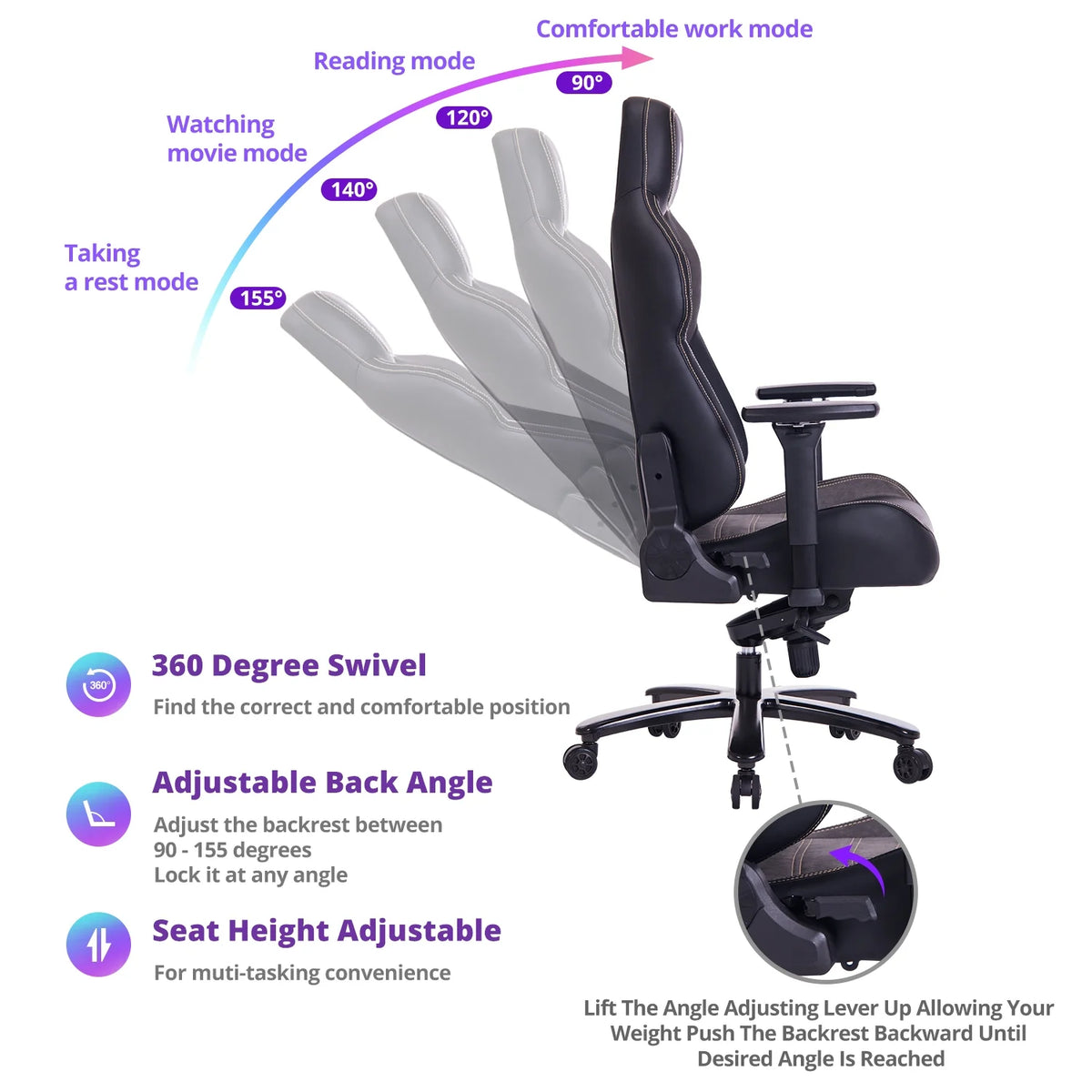 Big and Tall Black Gaming Chair with Gel Foam Lumbar 4D Arms Metal Base H757133