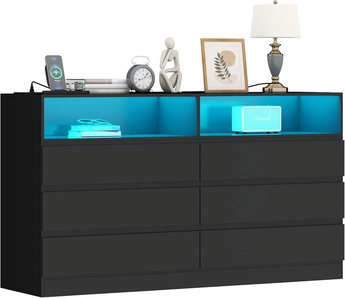 White 6 Drawer Double Dresser with Power Outlet and LED Light F244