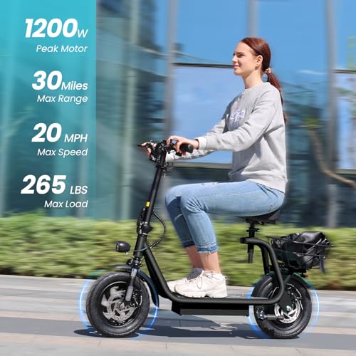 Electric Scooter with Seat, 1200W Motor, 30 Miles Range, Foldable with Basket N1703