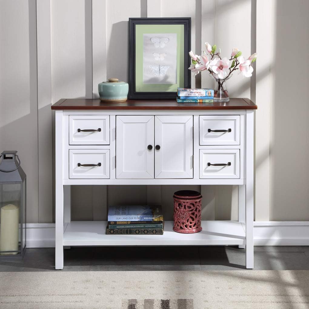 White Console Table with Doors Drawers and Bottom Open Shelf M367