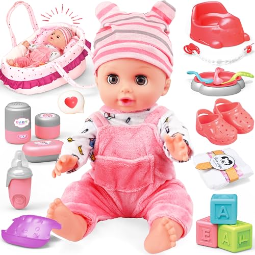 14 Inch Doll Playset with Carrier Bassinet Bed, Feeding Set, Doll Clothes D7715