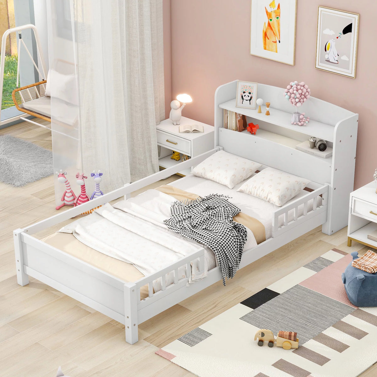Twin Size Wood Platform Bed with Storage Headboard and Guardrail W215976