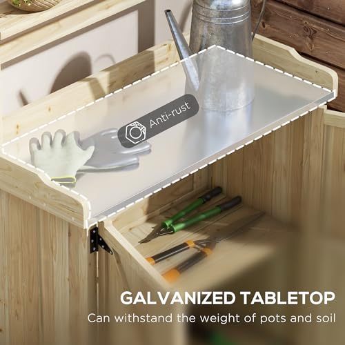 Gray Wooden Potting Table with 2 Door Cabinets and Galvanized Table Top S1607