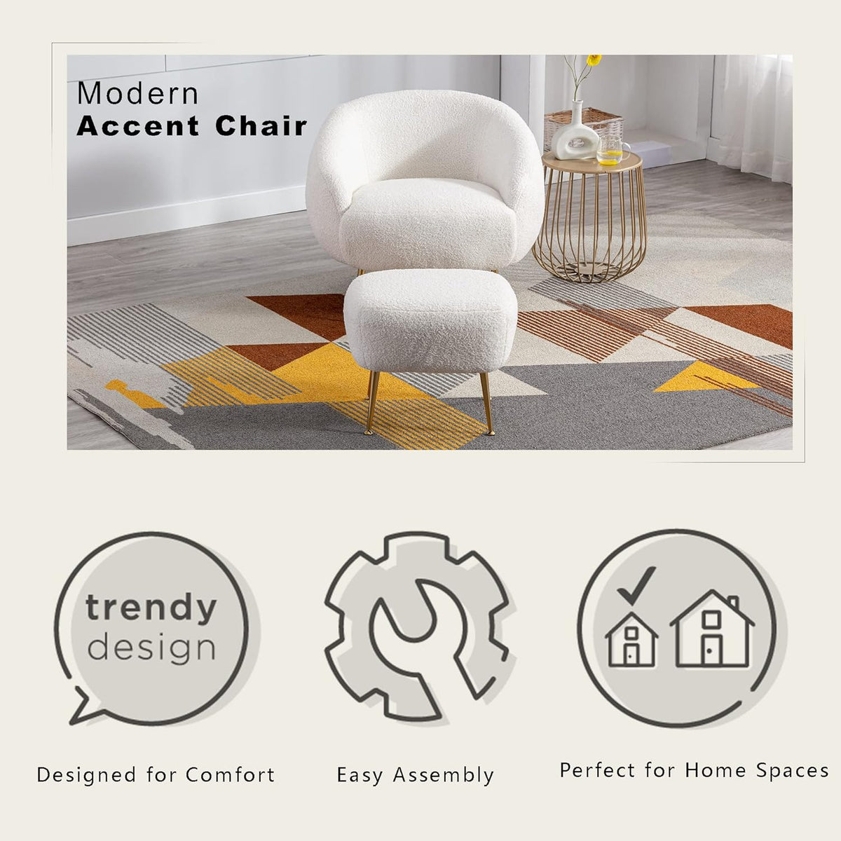 Modern Comfy Leisure Accent Chair With Ottoman Teddy Short Plush Particle Velvet Sofa Armchair Y3177