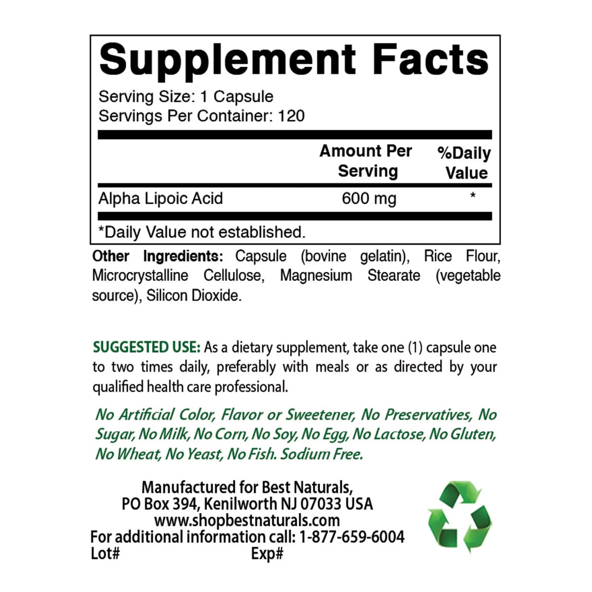 Alpha Lipoic Acid 600 mg 120 Capsules I35079