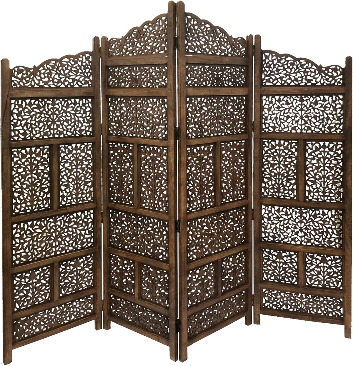 Hand Carved 4-Panel Wooden Partition Screen Room Divider, Brown W48386