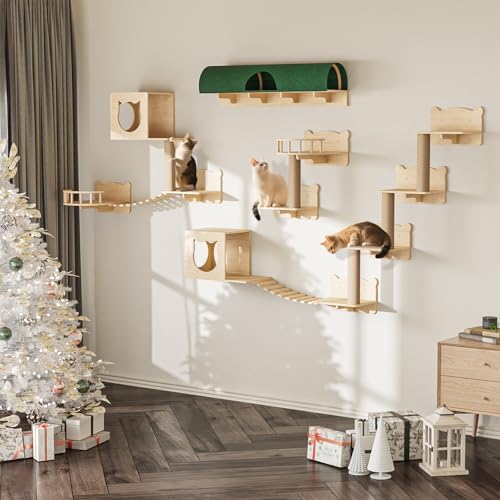 16 Pcs Wooden Cat Wall Shelves with Bed and Scratching Post W2223