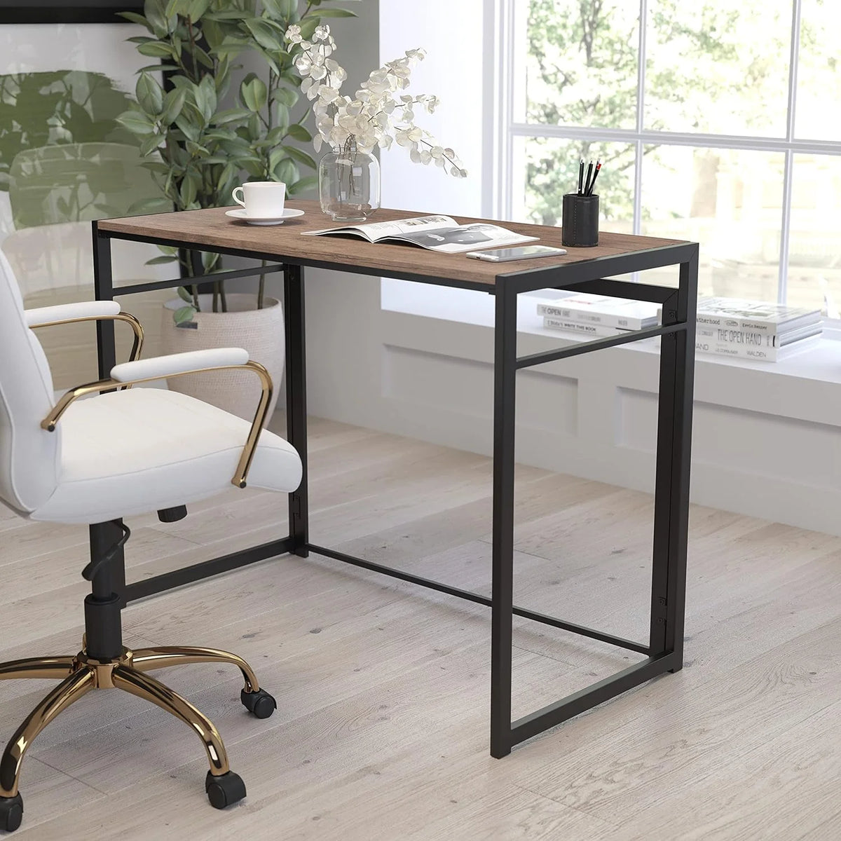 Folding Computer Desk with Rustic Wood Grain Finish and Metal Frame X492348