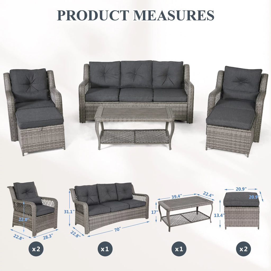 6 Piece Grey Rattan Patio Furniture Set with Ottoman N109