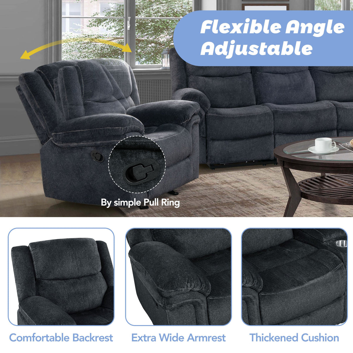 Dark Blue Manual Reclining Sofa with Storage O6886