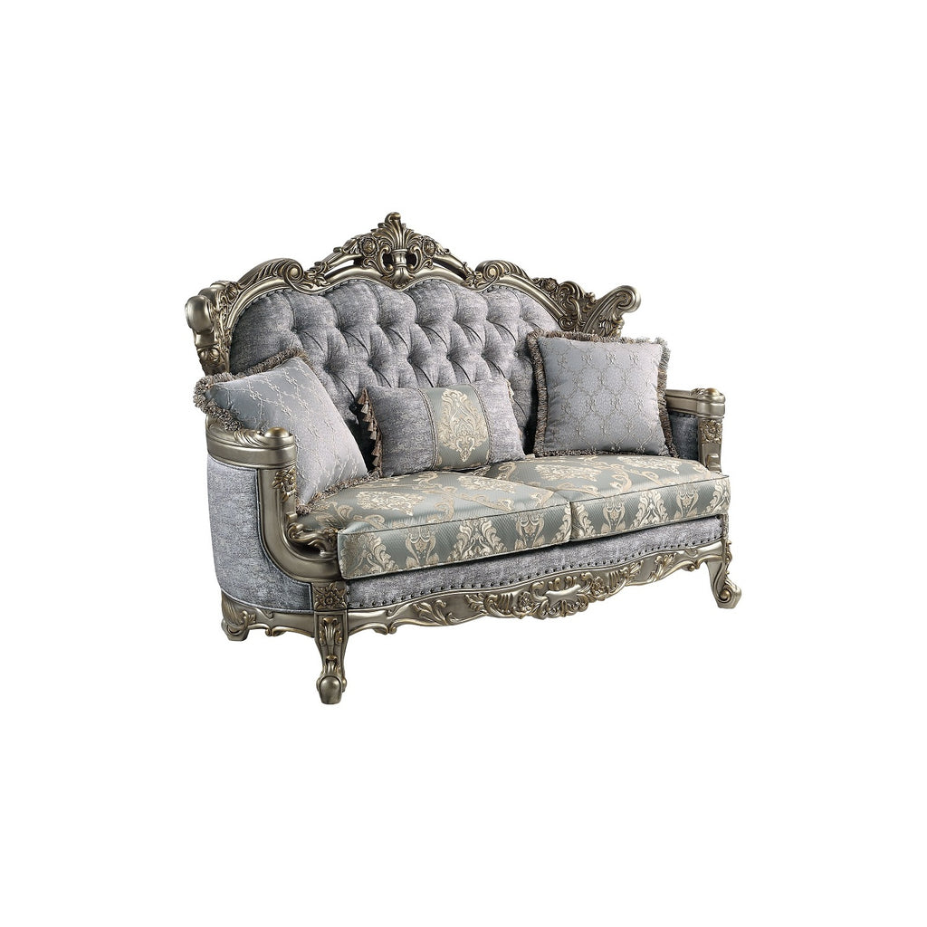 Gray Tufted Fabric & Wood Sofa with 5 Pillows J197