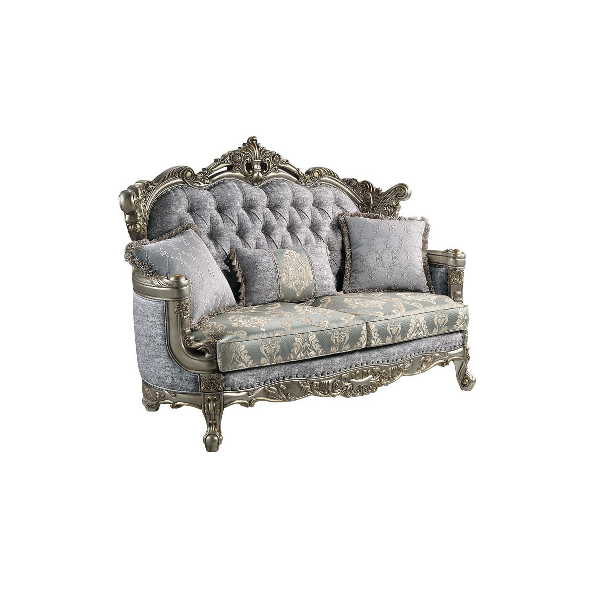 Gray Tufted Fabric & Wood Sofa with 5 Pillows L25066
