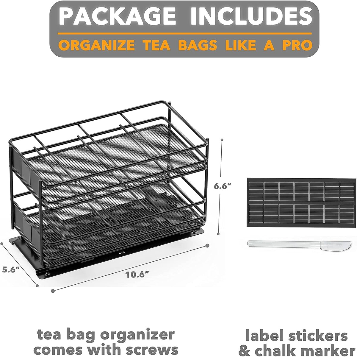 Black 1 Drawer 2-Tier Pull Out Tea Bag Organizer Rack with 70 Labels and Chalk Marker Z14681