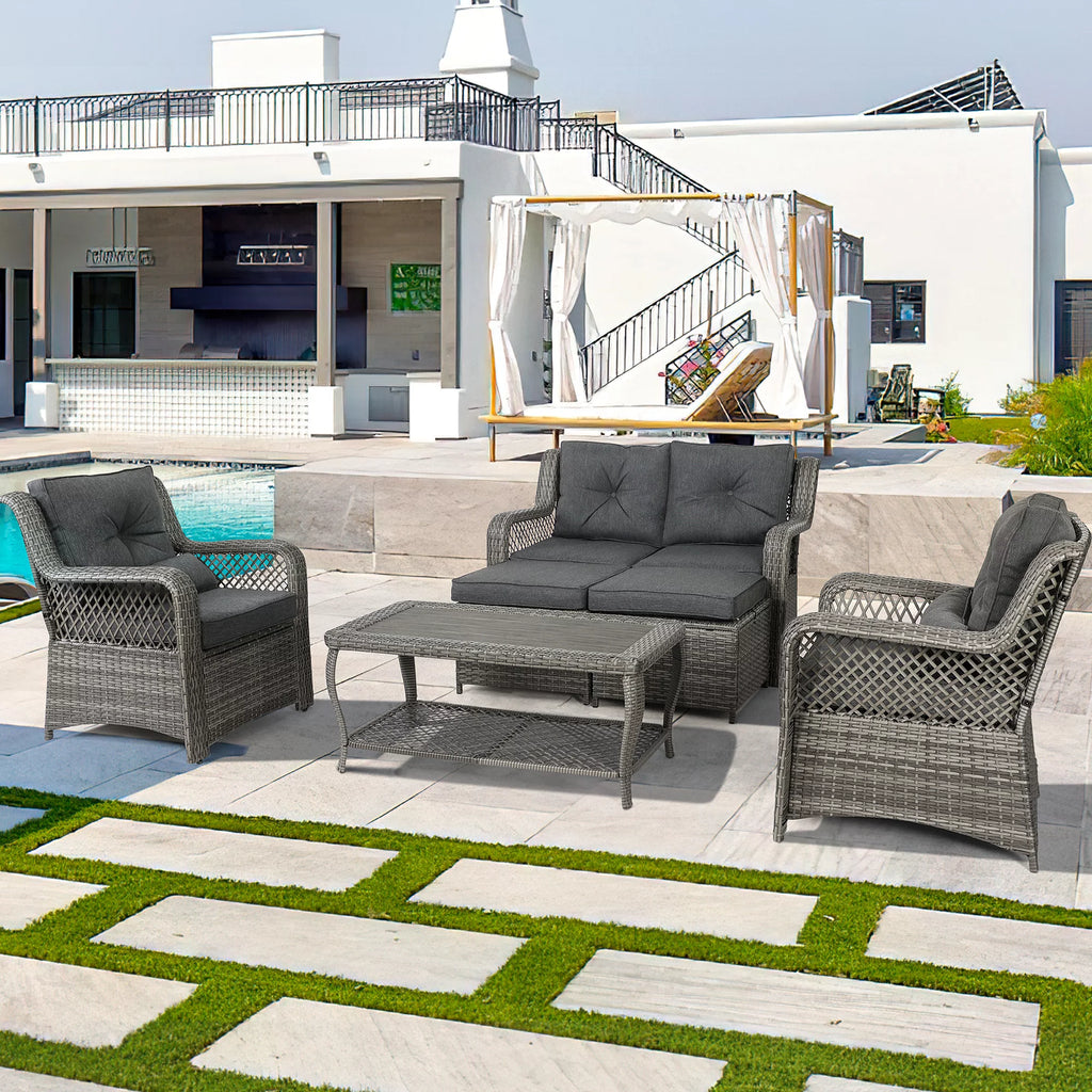 6 Piece Grey Rattan Patio Furniture Set with Ottoman N109