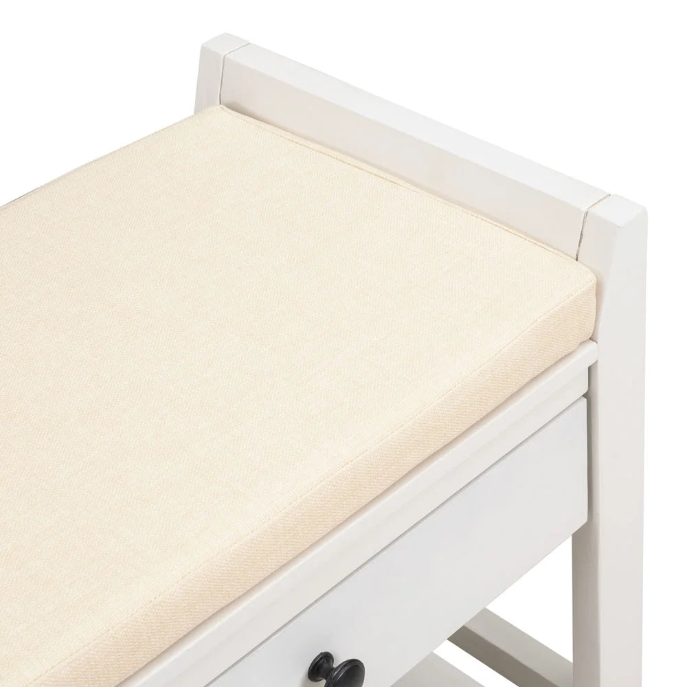 White Cushioned Seat Entryway Bench with 2 Drawers U7577