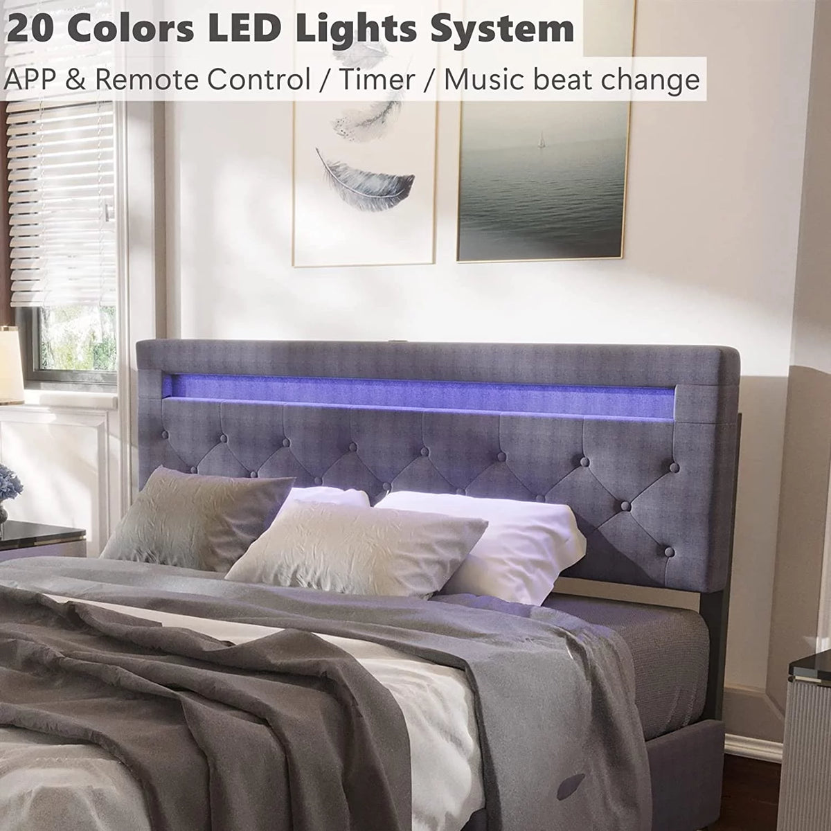 Full Size Upholstered Platform Bed Frame with LED Light Headboard L73725