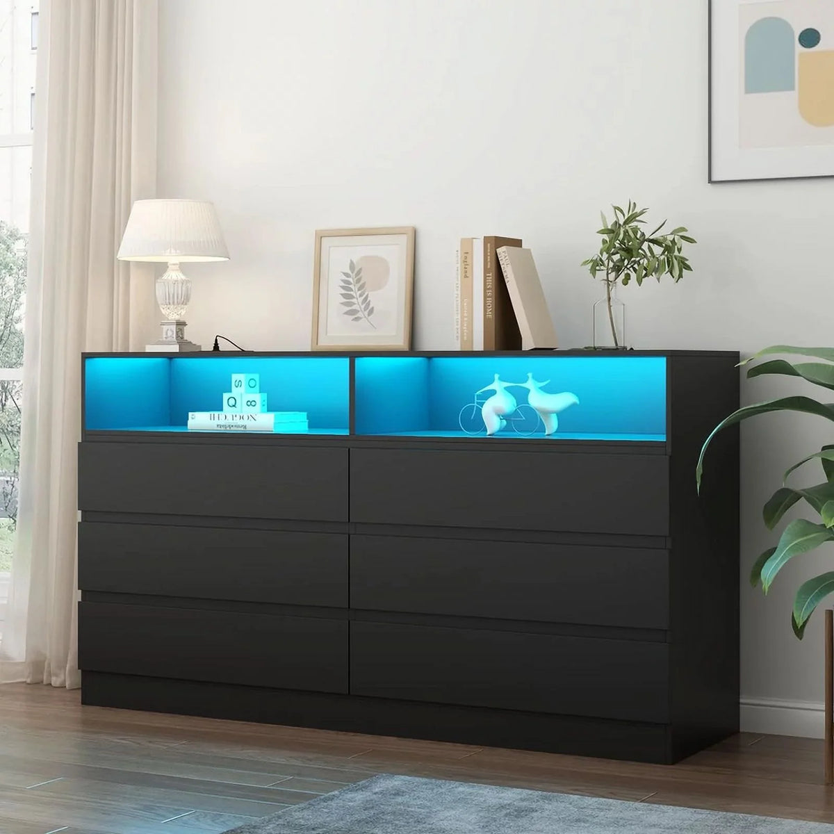 White 6 Drawer Double Dresser with Power Outlet and LED Light F244