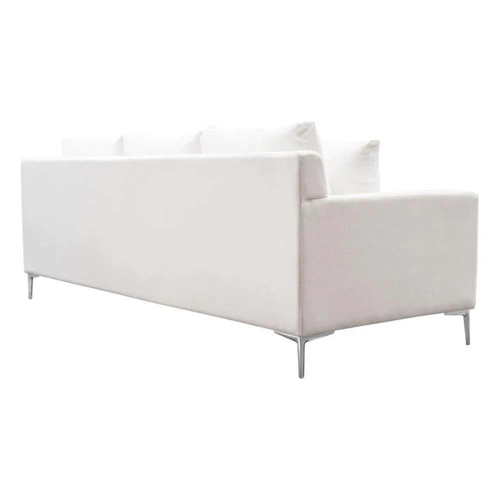 White Linen Sofa with Polished Silver Metal Leg C40230