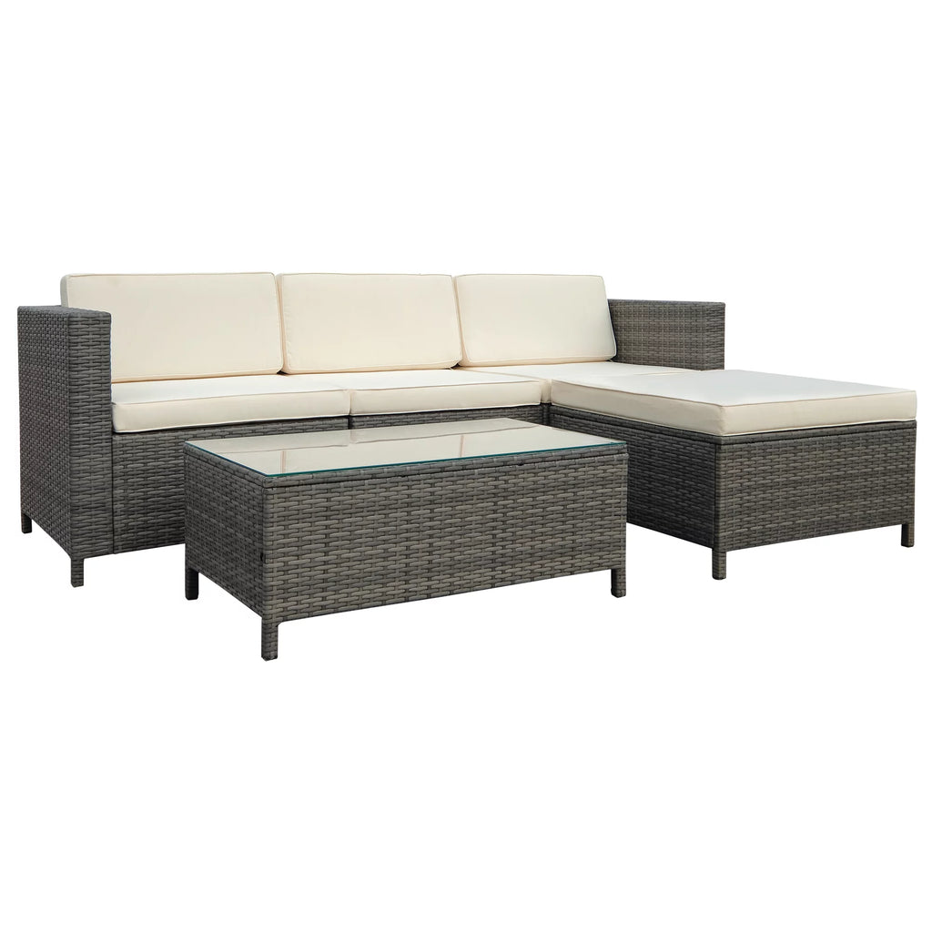 5 Piece Grey PE Rattan Wicker Patio Sofa Set with Glass Coffee Table D18488