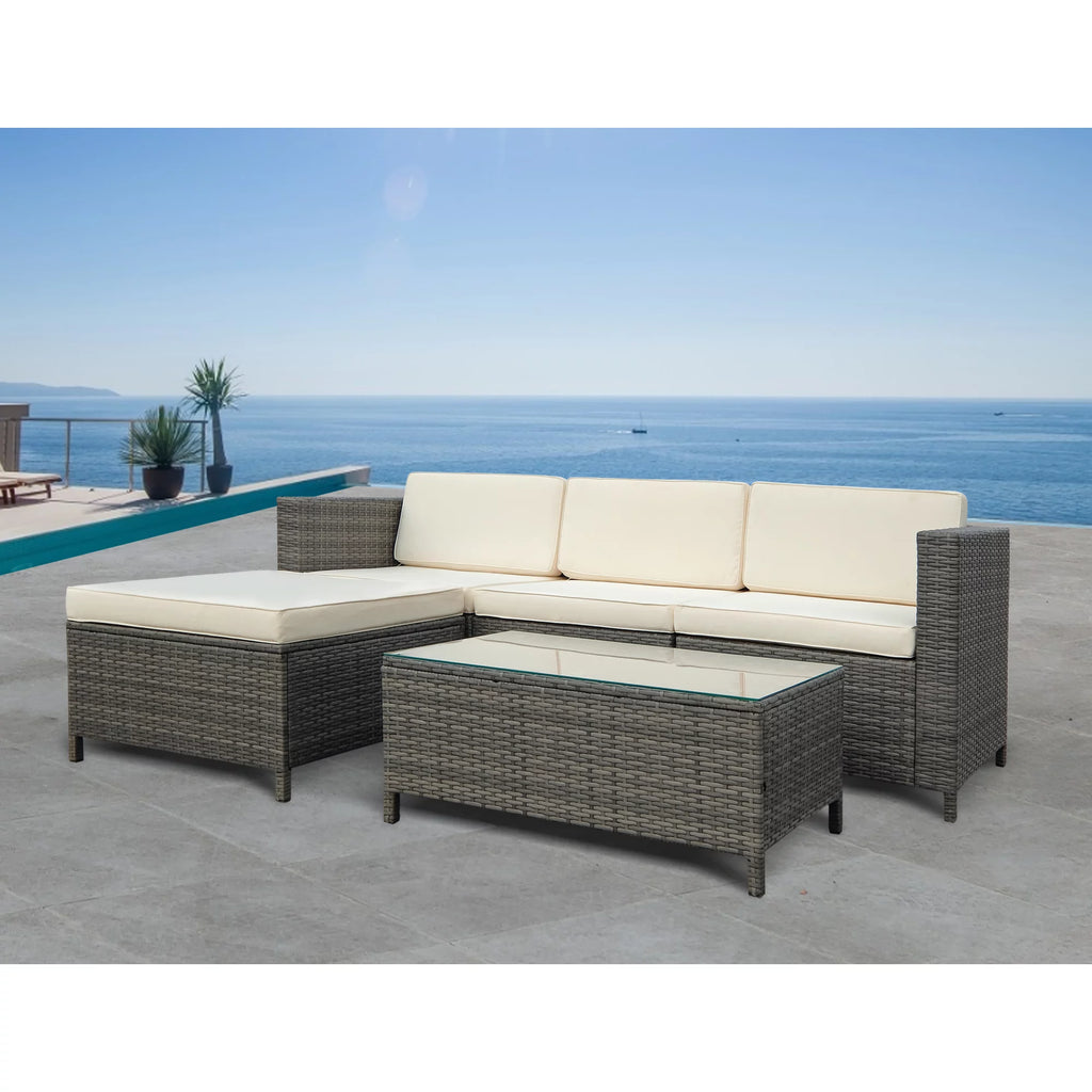 5 Piece Grey PE Rattan Wicker Patio Sofa Set with Glass Coffee Table D18488
