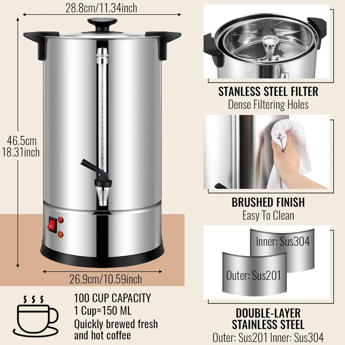 Stainless Steel Electric Coffee Urn 100 Cup 15 L Z366049