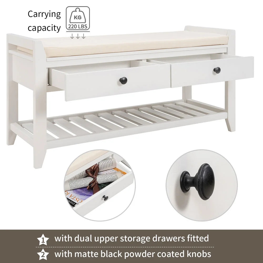 White Cushioned Seat Entryway Bench with 2 Drawers U7577