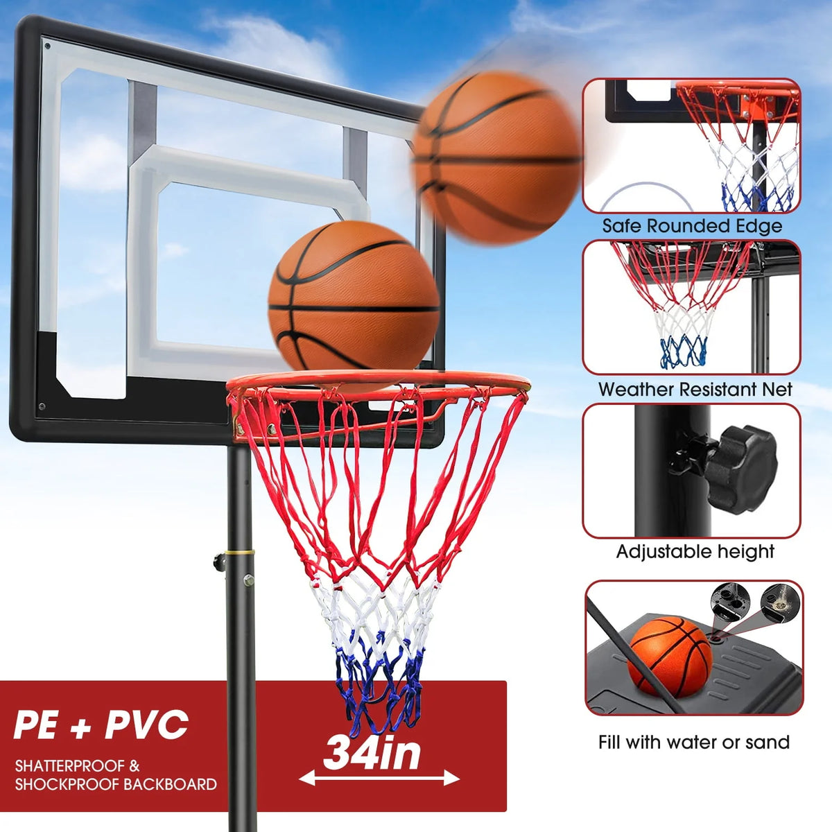 Basketball Hoop with 60''- 84'' Adjustable Height Portable with Stand & Backboard Wheels K92815