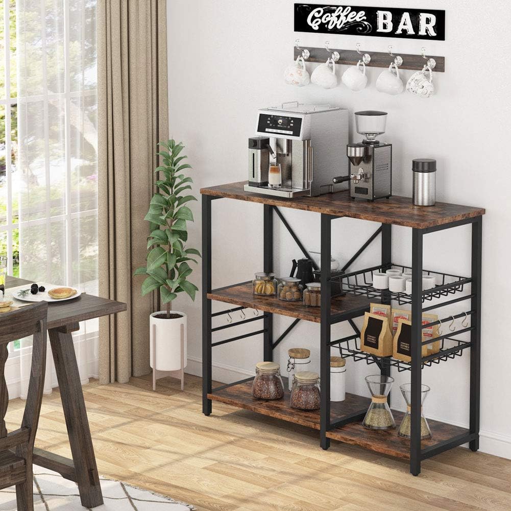 Kitchen Cart Microwave Oven Stand Utility Storage Shelf with Wire Basket and 6 Hooks T879508