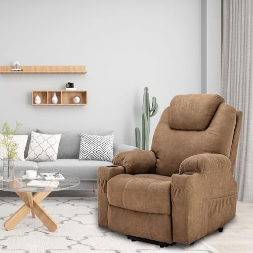Light Brown Fabric Power Lift Recliner Chair with Heat and Massage A73928