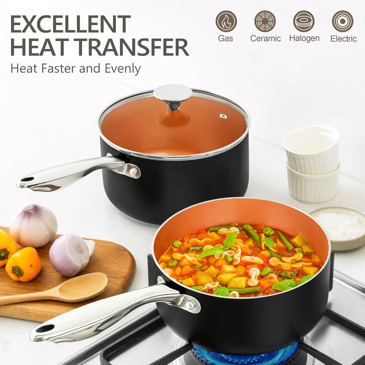 3 Piece Copper Ceramic Nonstick Saucepan Set with Lid L486755