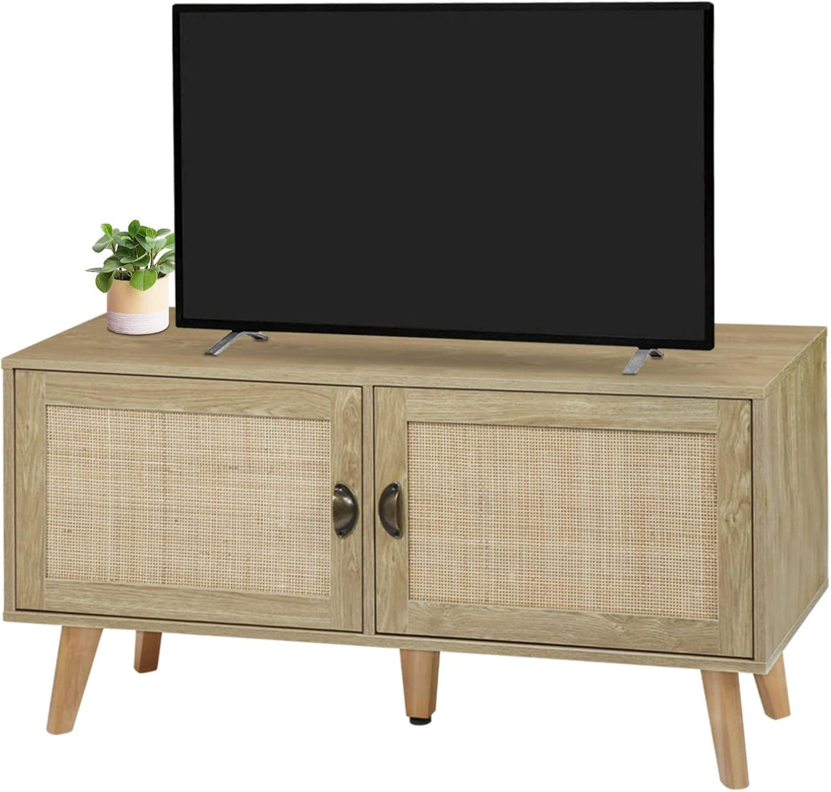 Natural Wood TV Stand with Rattan Doors J6991