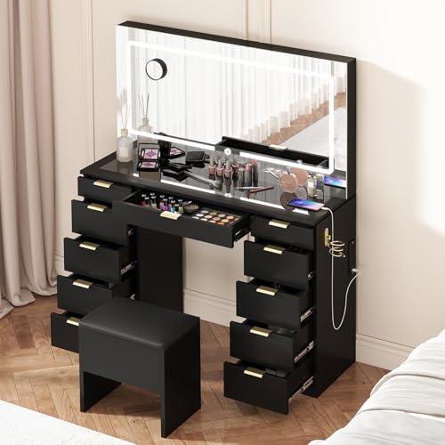 Vanity Desk with Sliding Lighted Mirror, Stool, 8 Storage Shelves, 5 Drawers, Charging Station Y6556