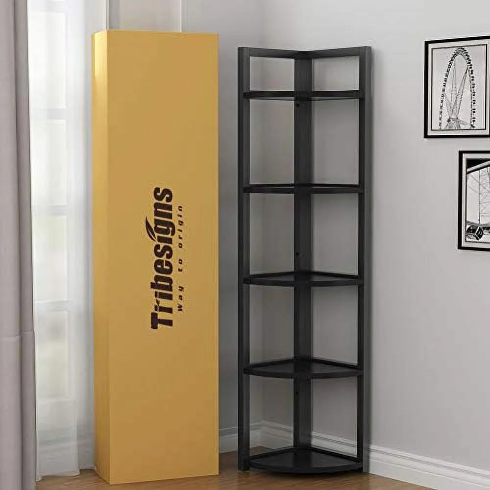 6 Tier 70.9 Inch Tall Corner Bookshelf Black V127