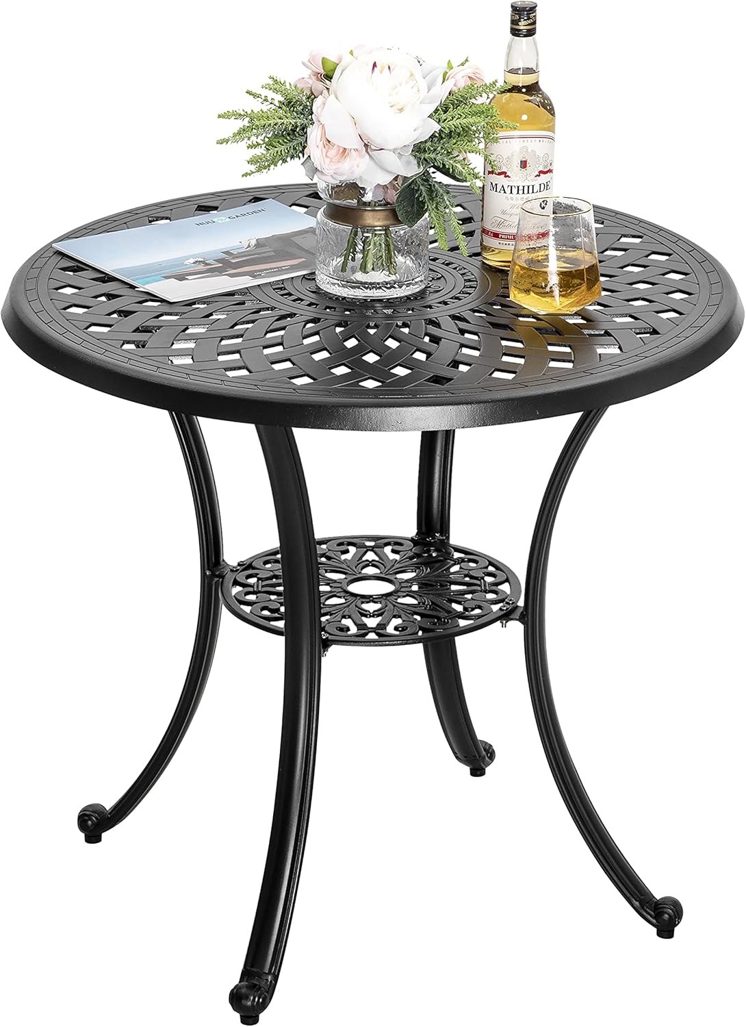 Black 42 Inch Round Cast Aluminum Patio Dining Table with Umbrella Hole G60086