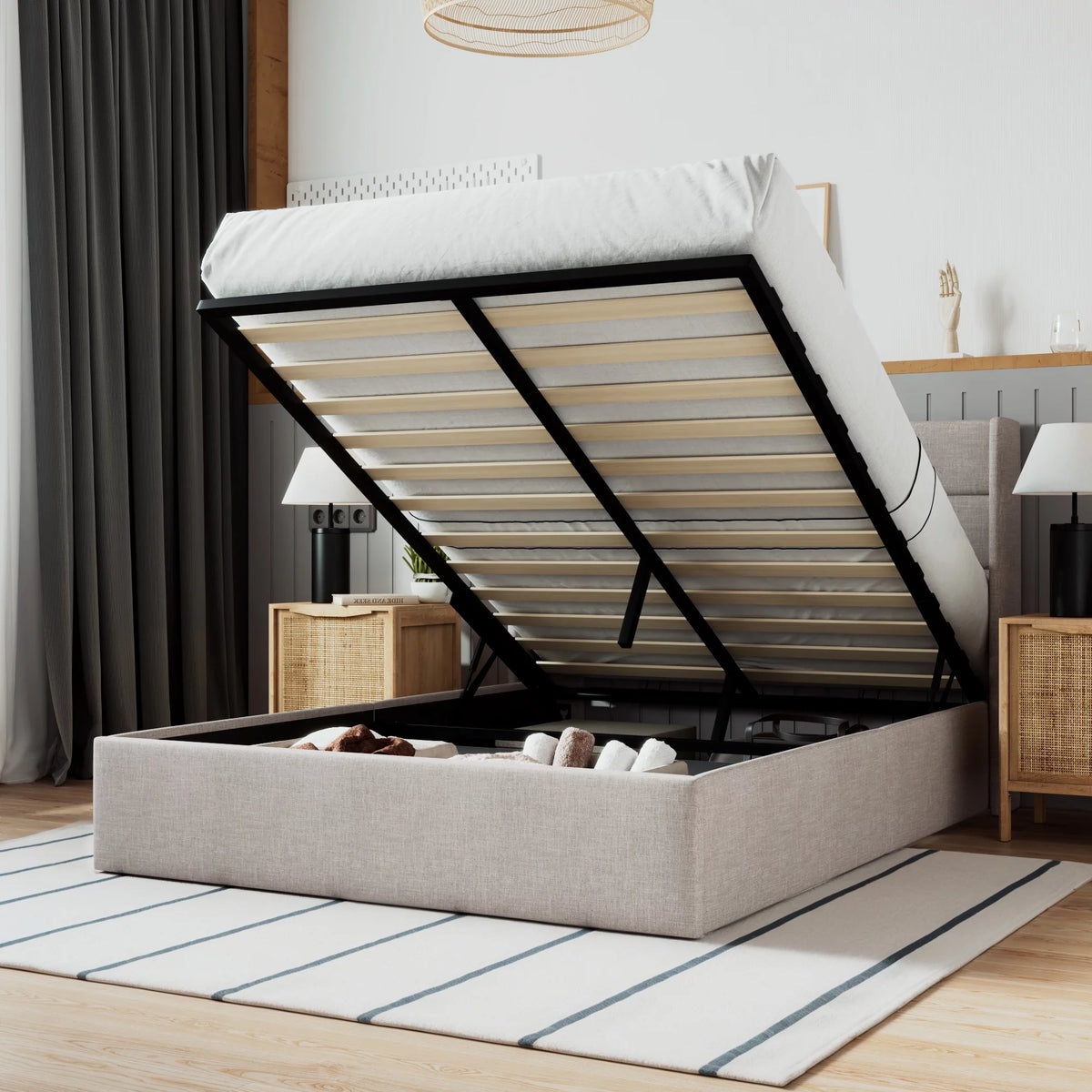 Beige Queen Size Lift Up Platform Bed Frame with Headboard T9486