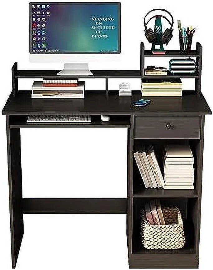 White Wood Computer Desk with Drawers and Keyboard Tray T159992